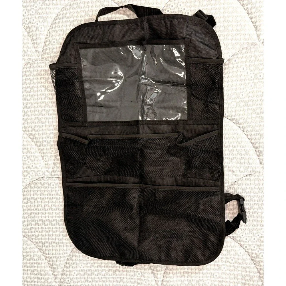 Car Seat Back Organizer Travel Storage Mesh Pockets Clear Window Black NWOT